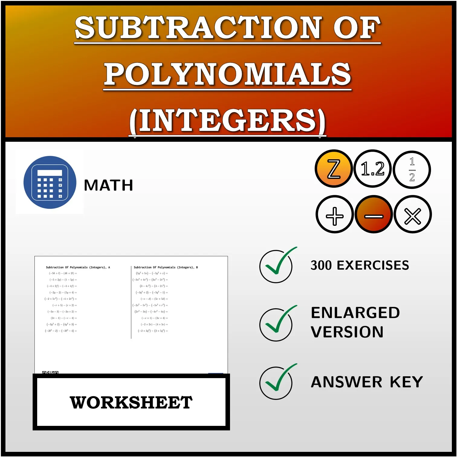 Worksheet: Subtraction Of Polynomials (Integers)