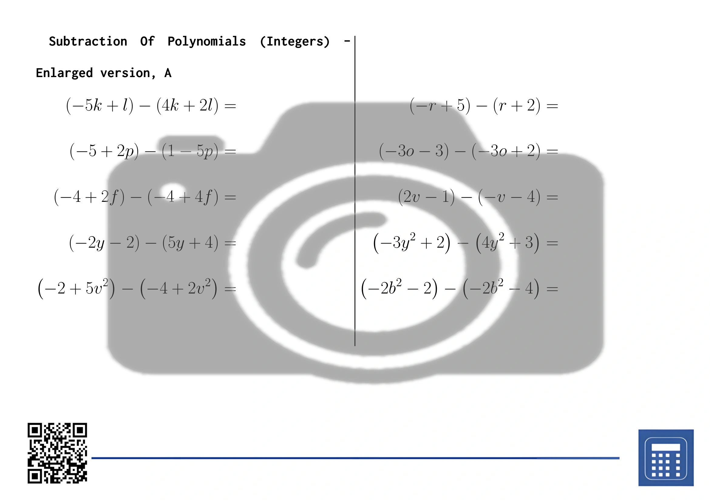 Worksheet: Subtraction Of Polynomials (Integers) - Image 3