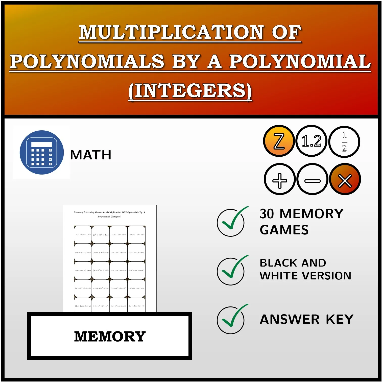 Memory matching game: Multiplication Of Polynomials By A Polynomial (Integers)