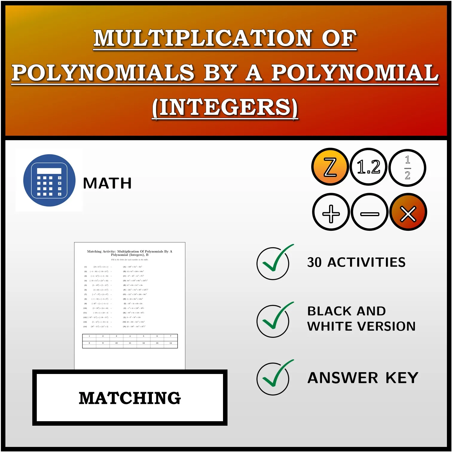 Matching activity: Multiplication Of Polynomials By A Polynomial (Integers)