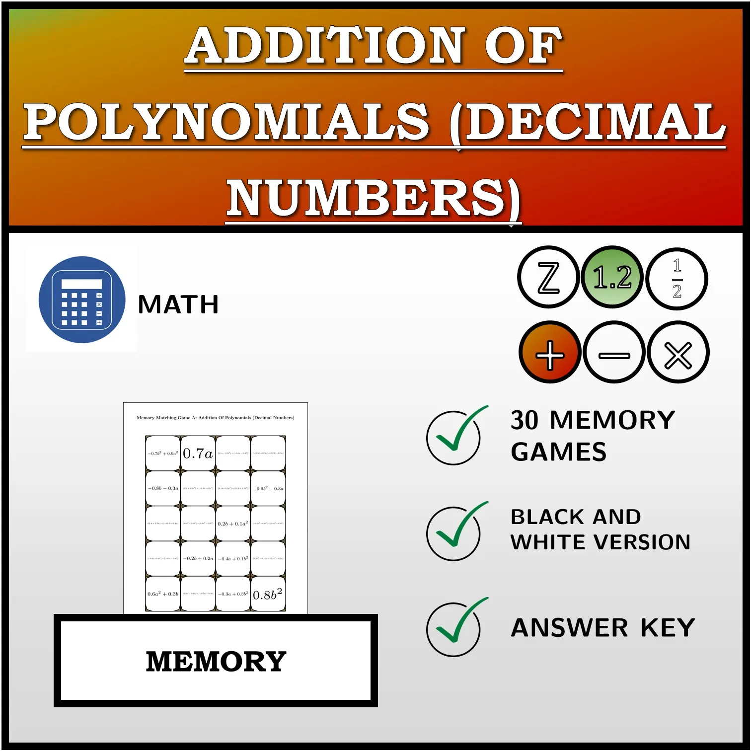 Memory matching game: Addition Of Polynomials (Decimal Numbers)