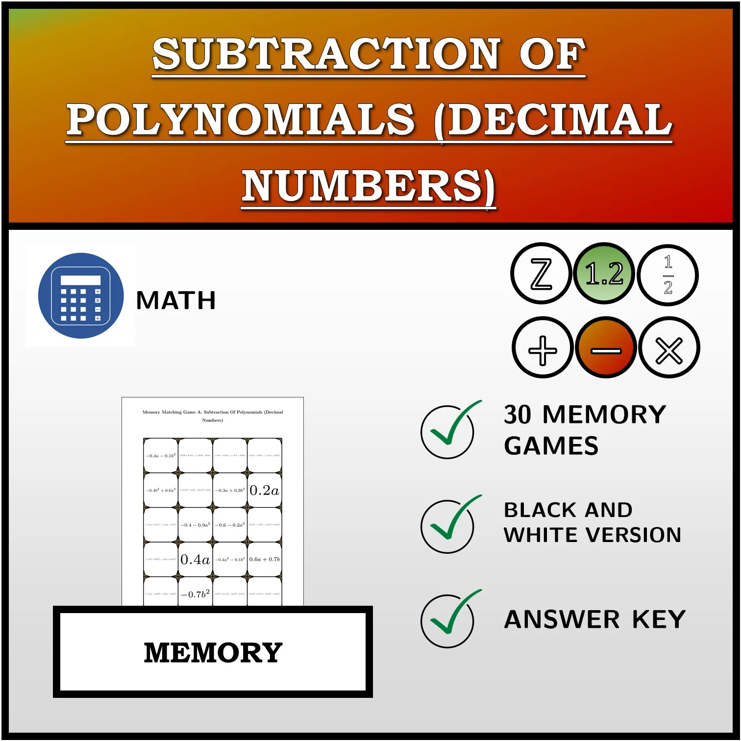 Memory matching game: Subtraction Of Polynomials (Decimal Numbers)