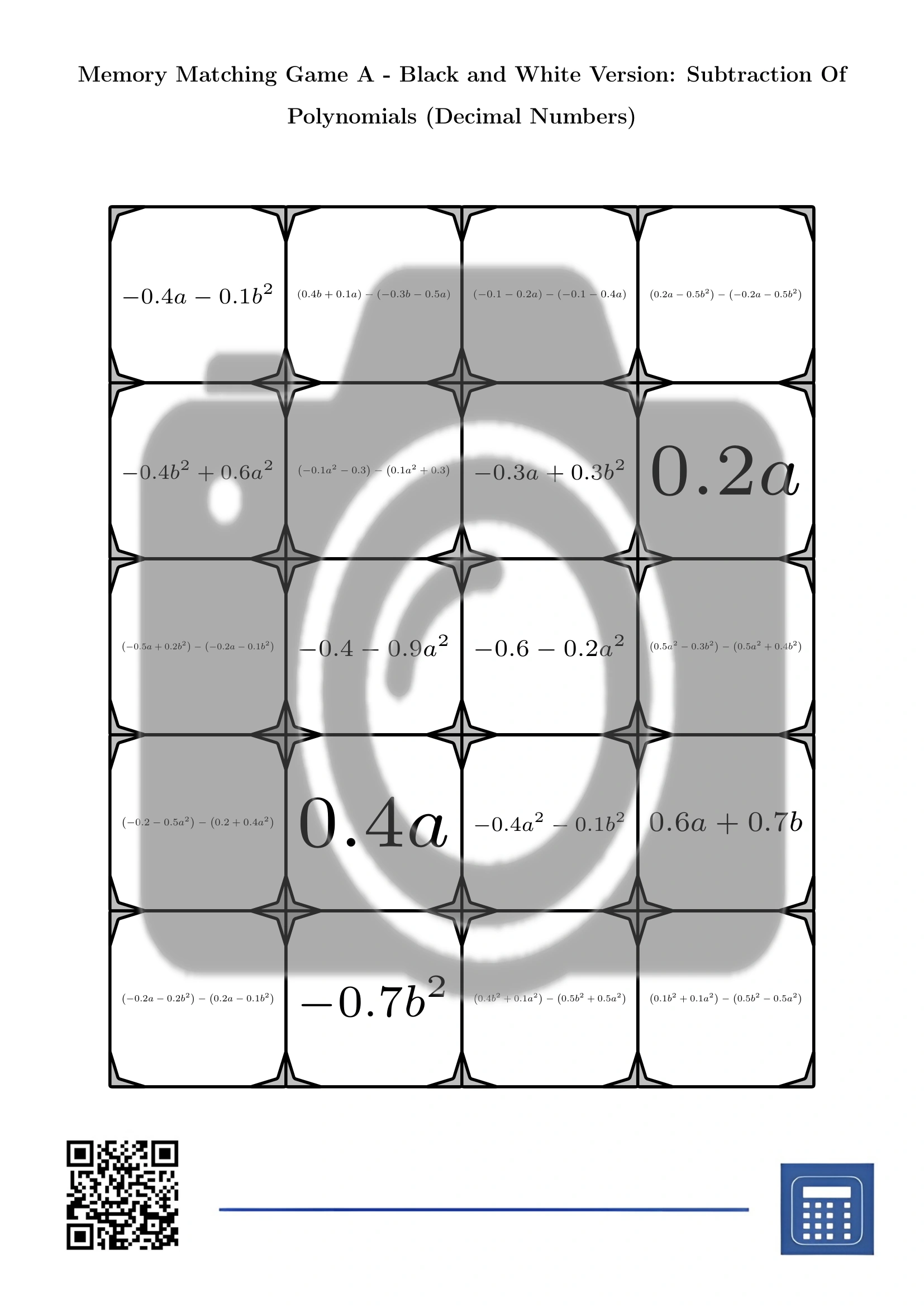 Memory matching game: Subtraction Of Polynomials (Decimal Numbers) - Image 3