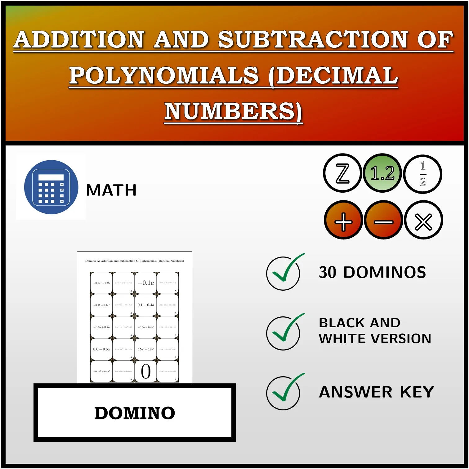 Domino: Addition and Subtraction Of Polynomials (Decimal Numbers)