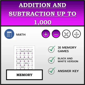 Memory matching game: Addition and Subtraction up to 1,000