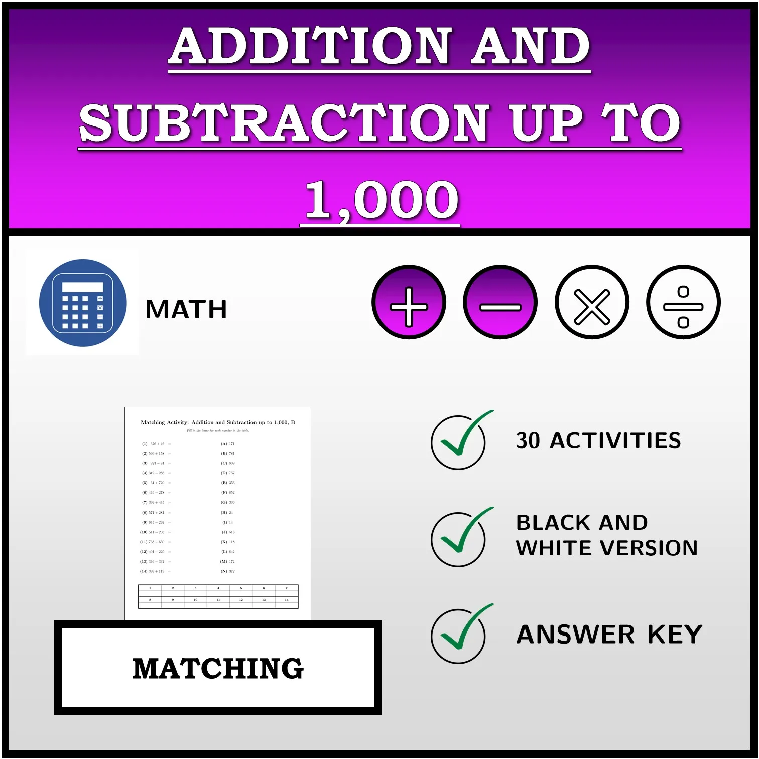 Matching activity: Addition and Subtraction up to 1,000