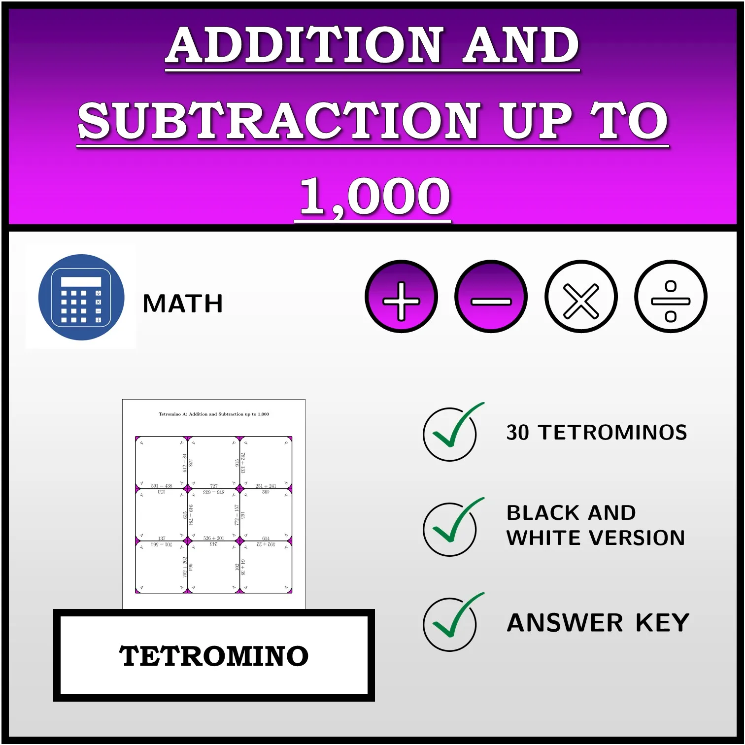 Tetromino: Addition and Subtraction up to 1,000
