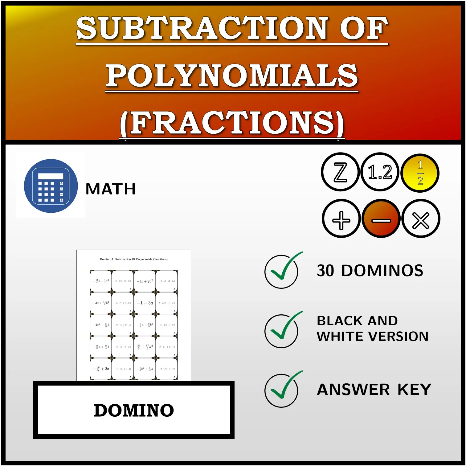Domino: Subtraction Of Polynomials (Fractions)