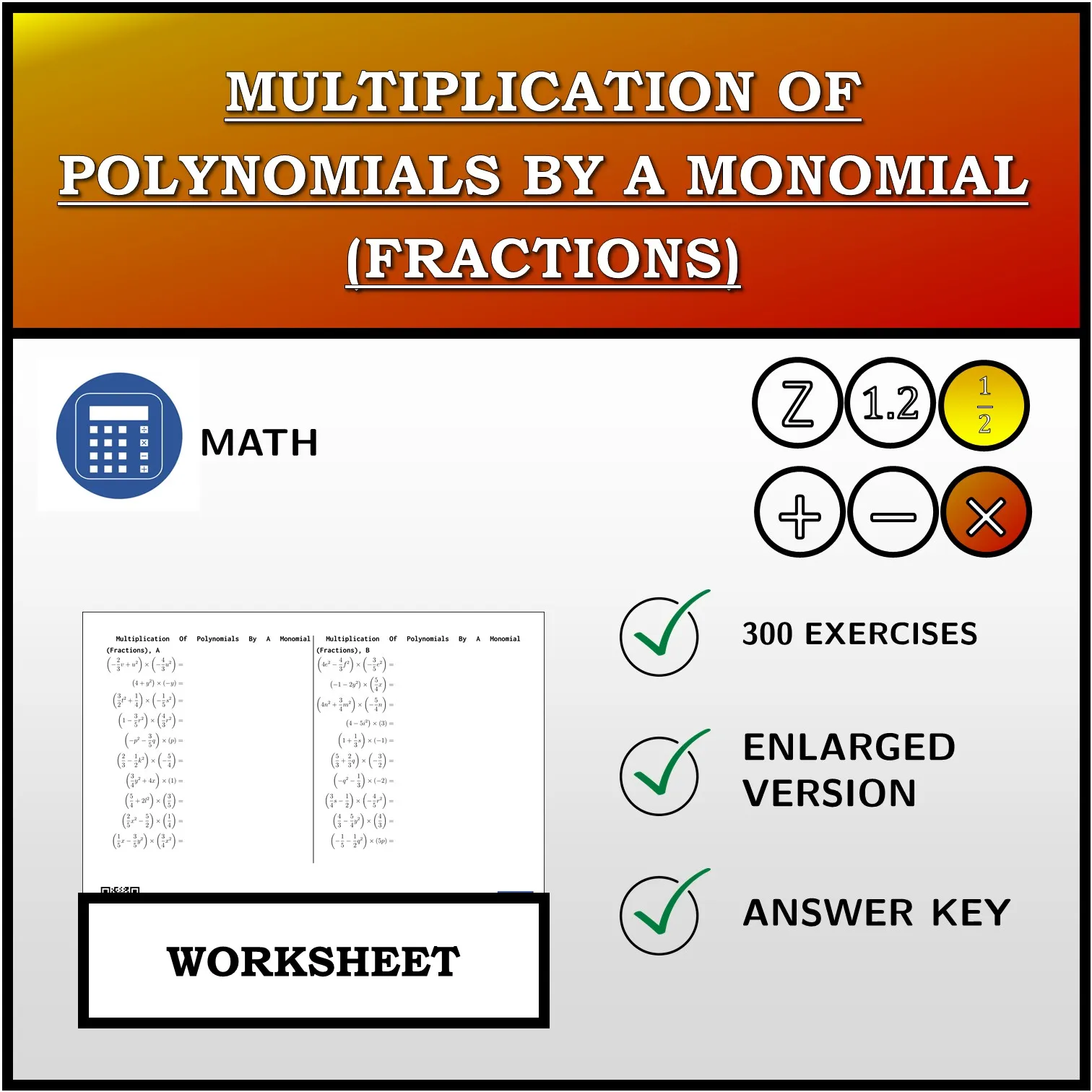 Worksheet: Multiplication Of Polynomials By A Monomial (Fractions)