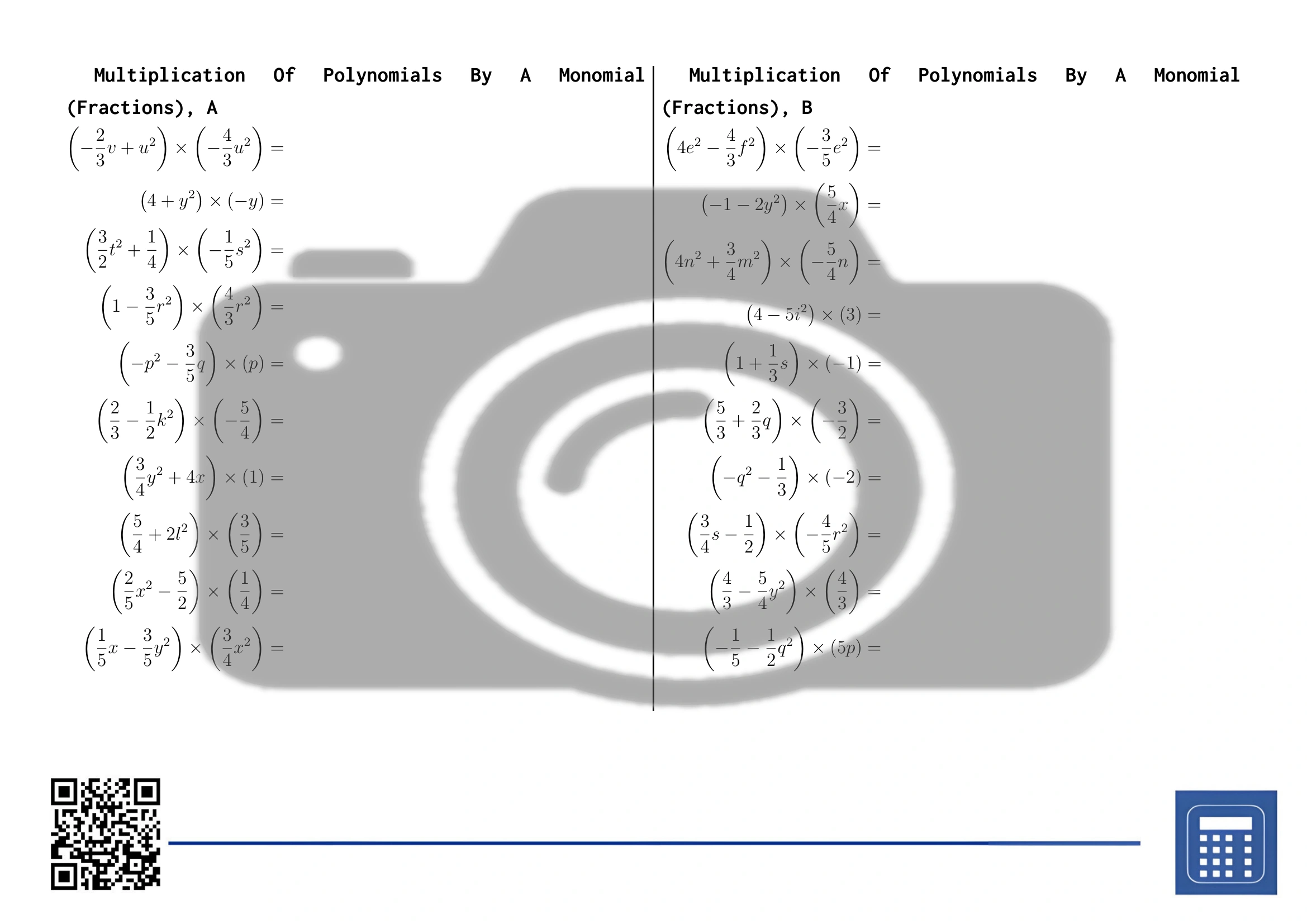 Worksheet: Multiplication Of Polynomials By A Monomial (Fractions) - Image 2