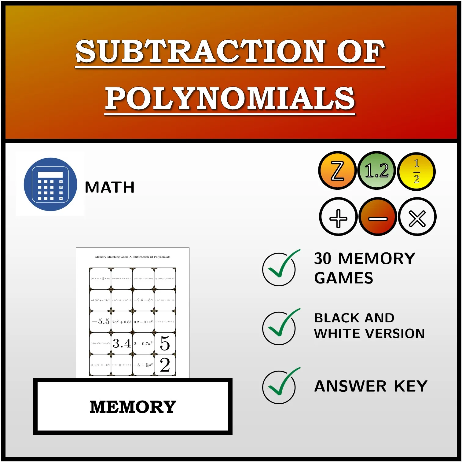 Memory matching game: Subtraction Of Polynomials