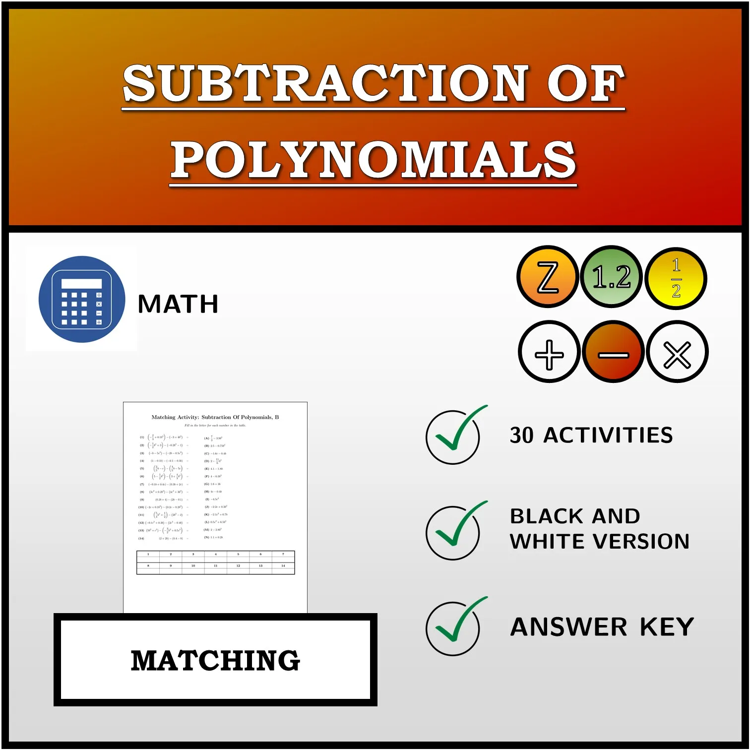 Matching activity: Subtraction Of Polynomials