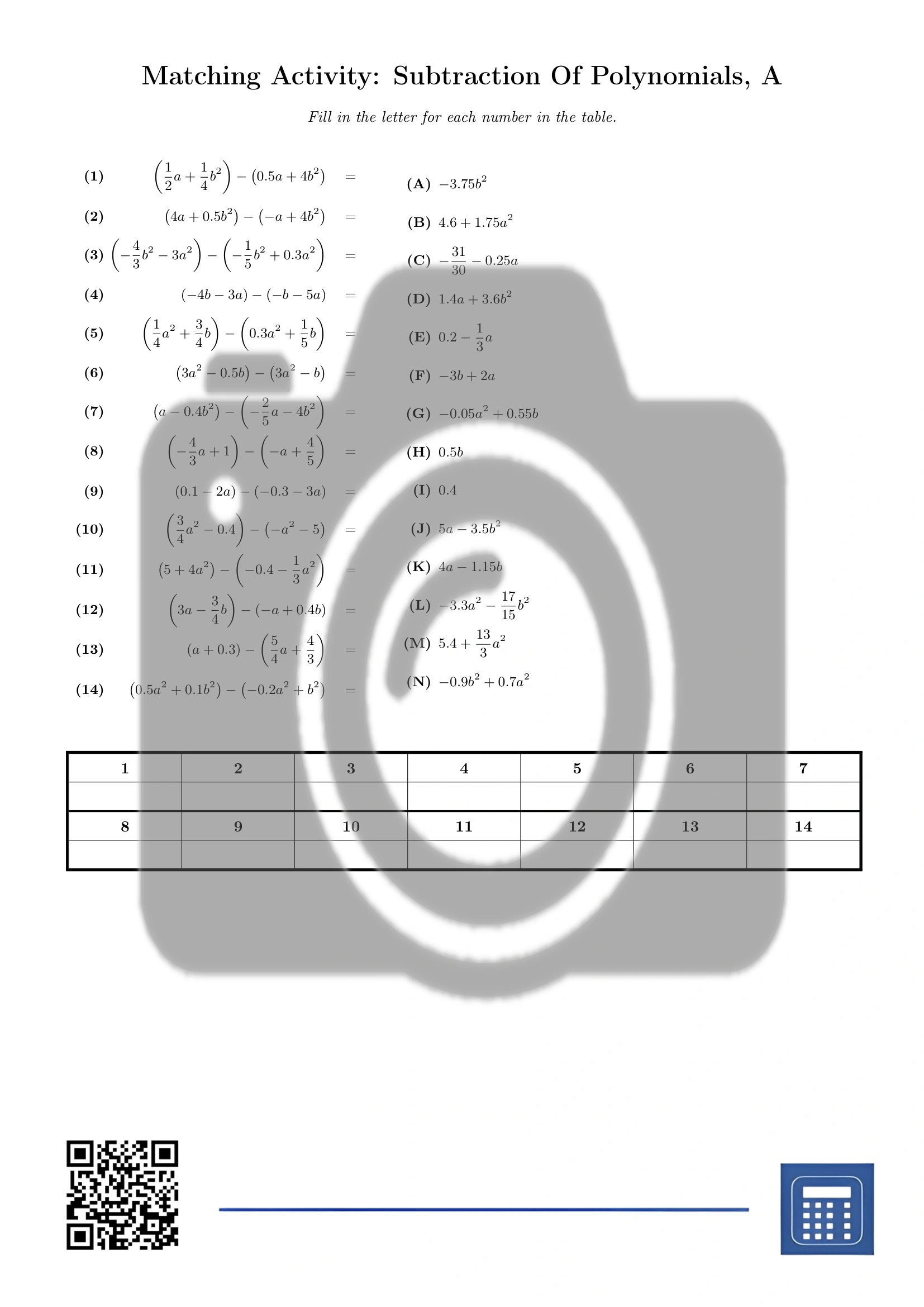 Matching activity: Subtraction Of Polynomials - Image 2