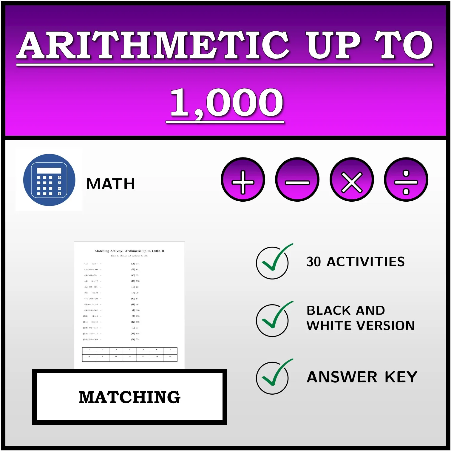 Matching activity: Arithmetic up to 1,000
