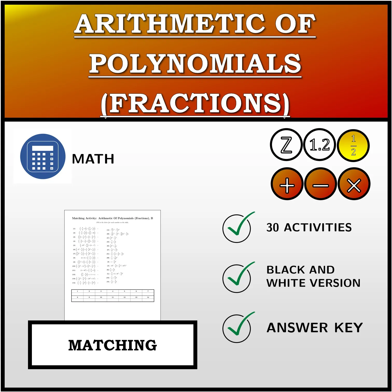 Matching activity: Arithmetic Of Polynomials (Fractions)