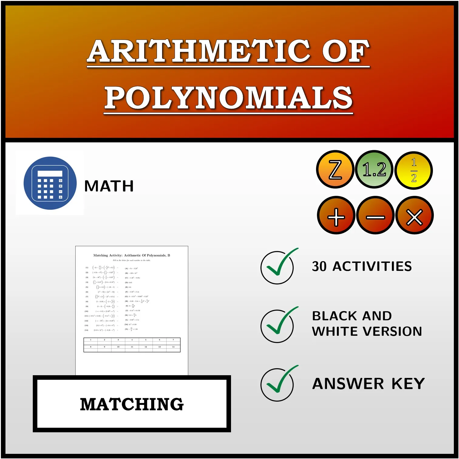 Matching activity: Arithmetic Of Polynomials