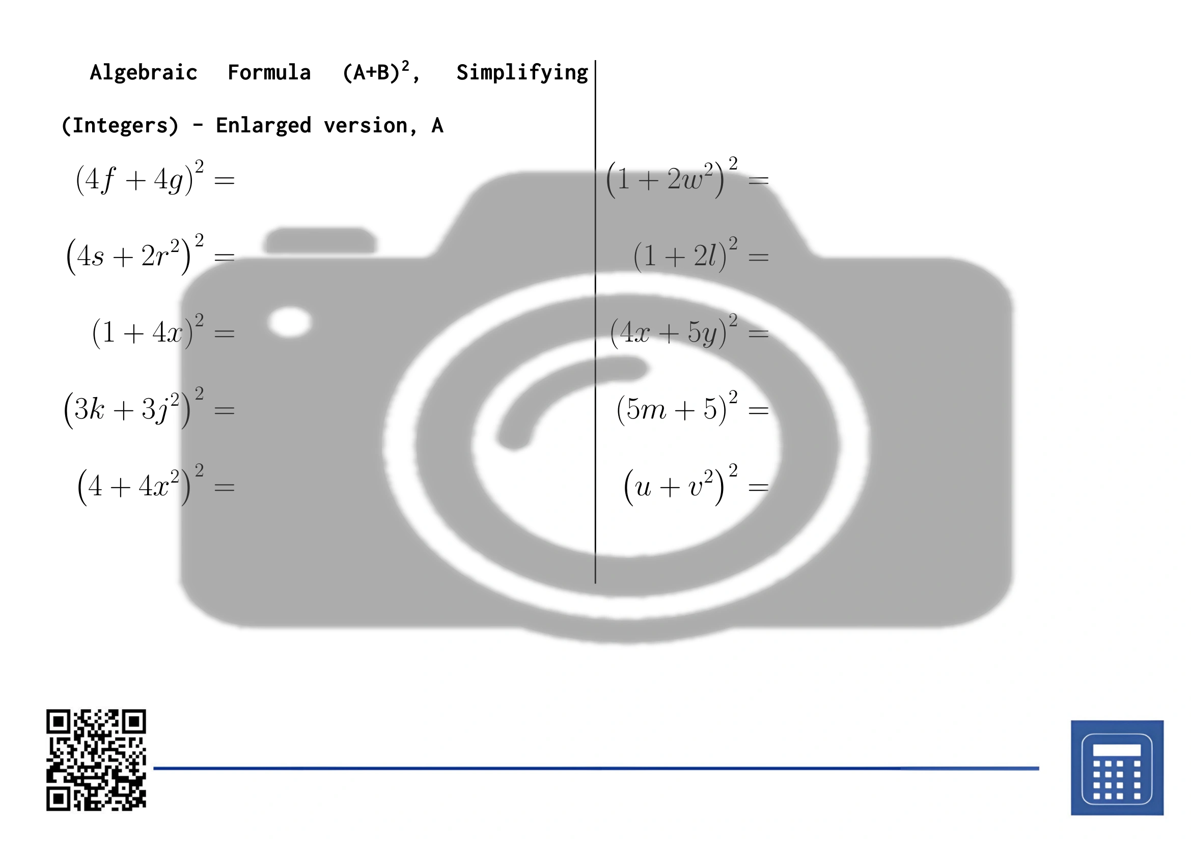 Worksheet: Algebraic Formula (A+B)², Simplifying (Integers) - Image 3