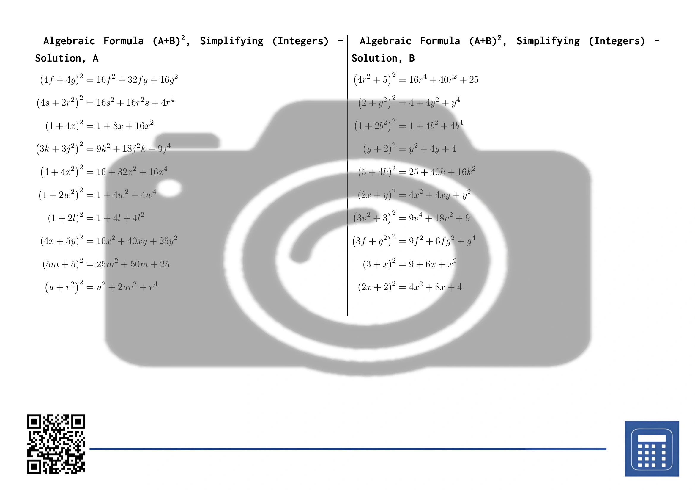 Worksheet: Algebraic Formula (A+B)², Simplifying (Integers) - Image 4