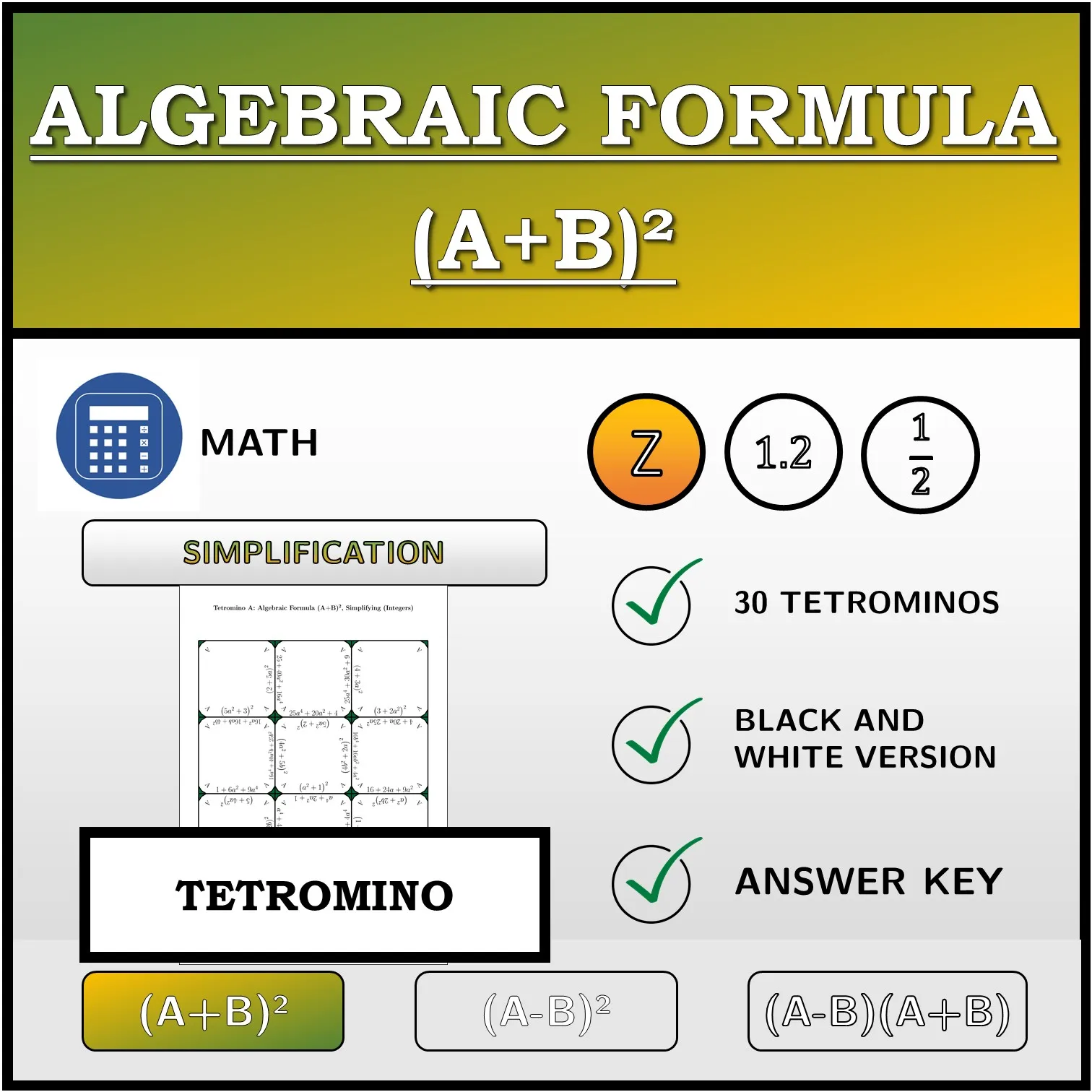 Tetromino: Algebraic Formula (A+B)², Simplifying (Integers)