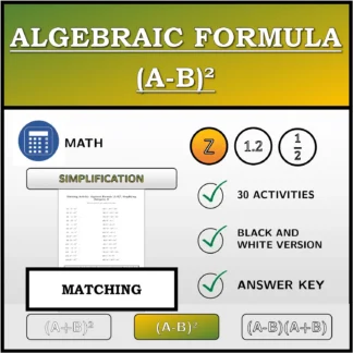 Matching activity: Algebraic Formula (A-B)², Simplifying (Integers)