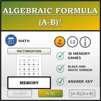 Memory matching game: Algebraic Formula (A-B)², Factoring (Integers)