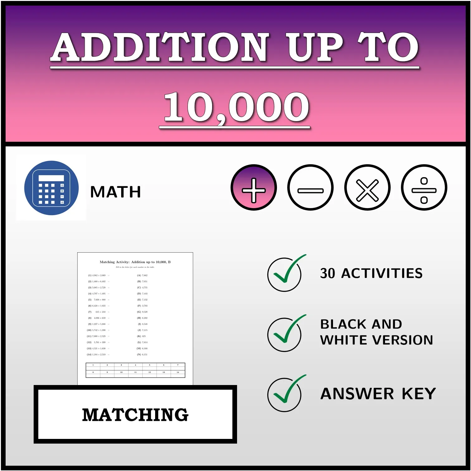Matching activity: Addition up to 10,000