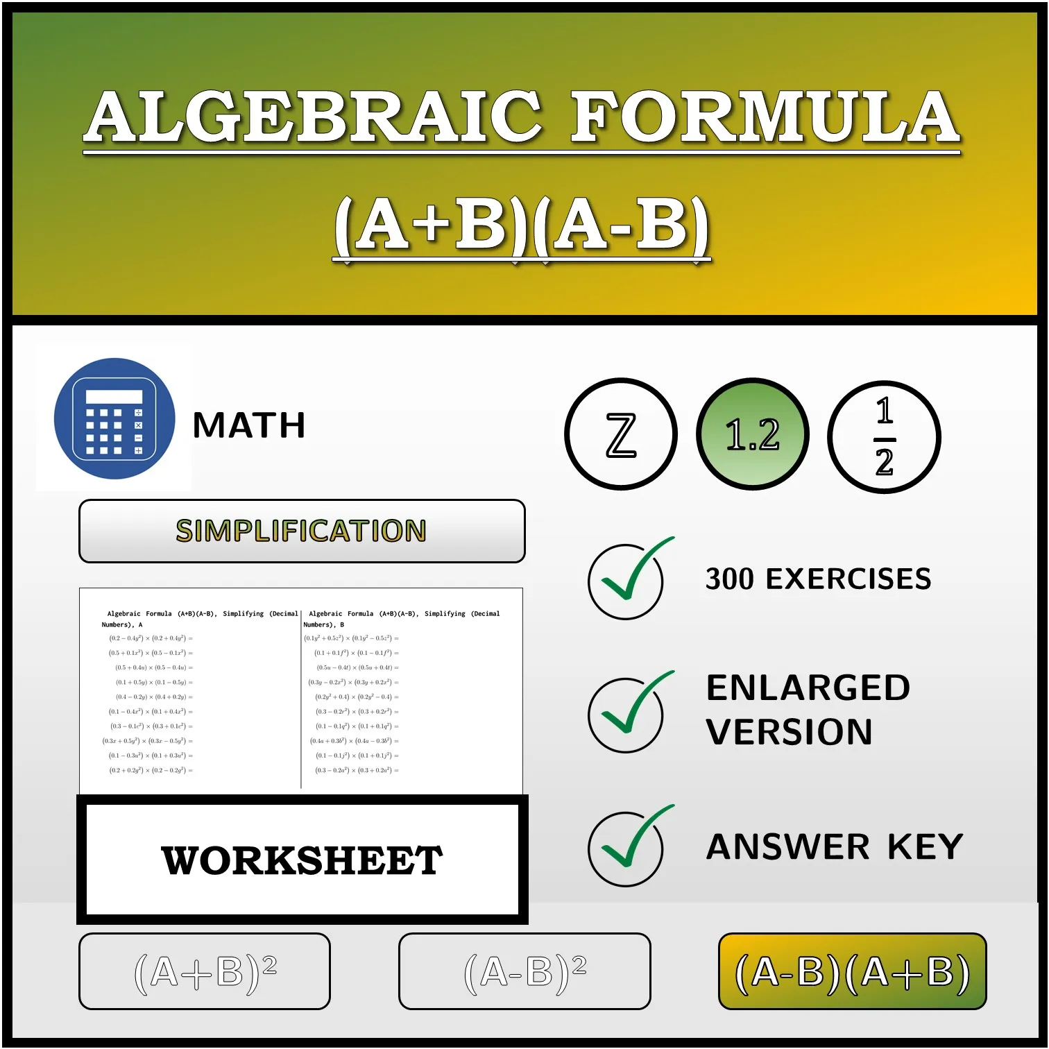 Worksheet: Algebraic Formula (A+B)(A-B), Simplifying (Decimal Numbers)
