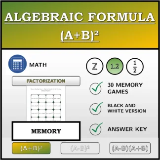 Memory matching game: Algebraic Formula (A+B)², Factoring (Decimal Numbers)