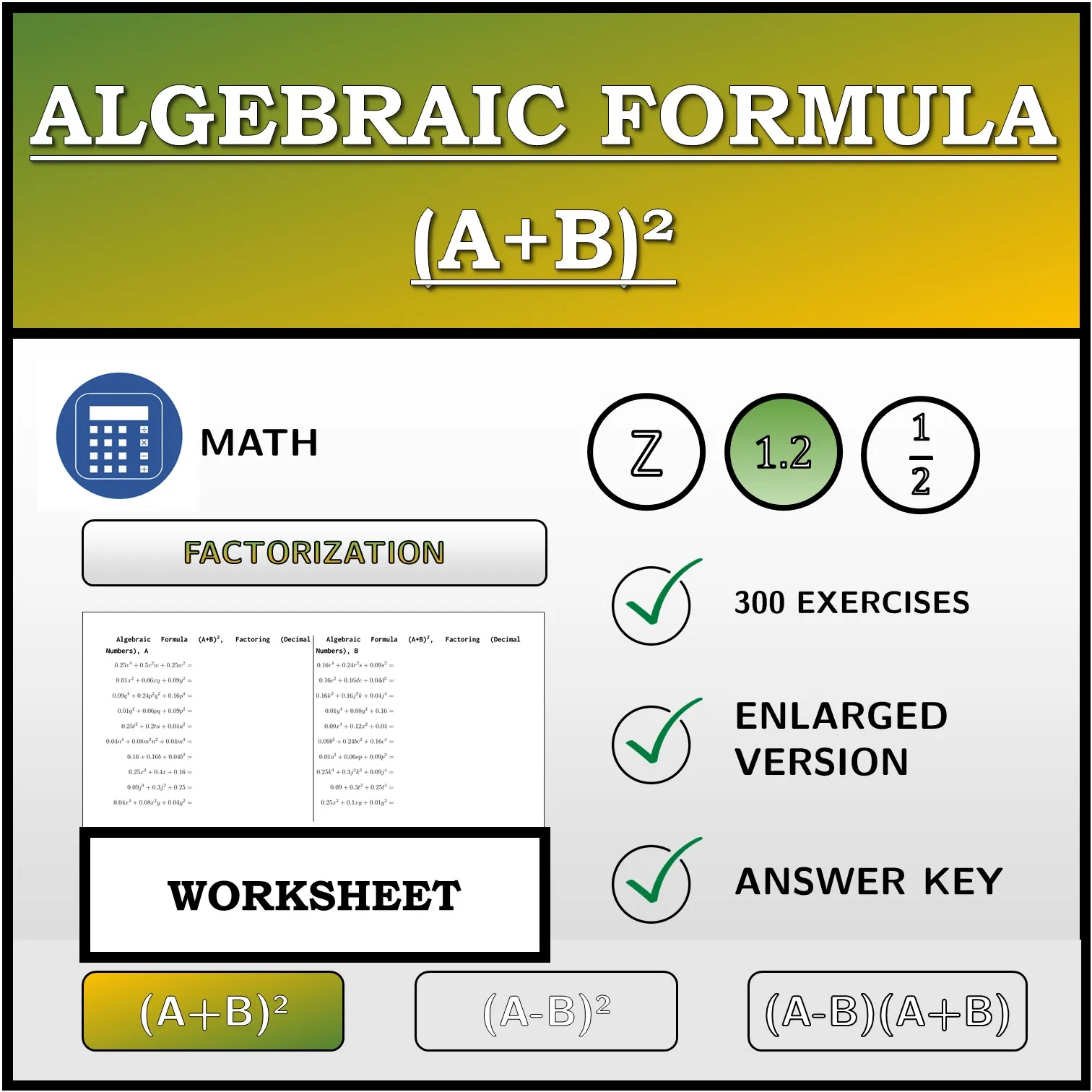 Worksheet: Algebraic Formula (A+B)², Factoring (Decimal Numbers)