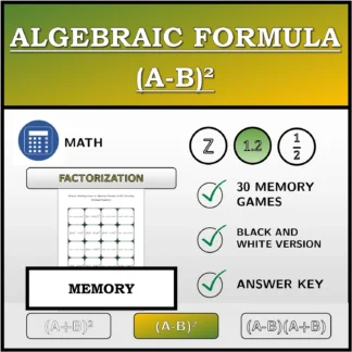 Memory matching game: Algebraic Formula (A-B)², Factoring (Decimal Numbers)
