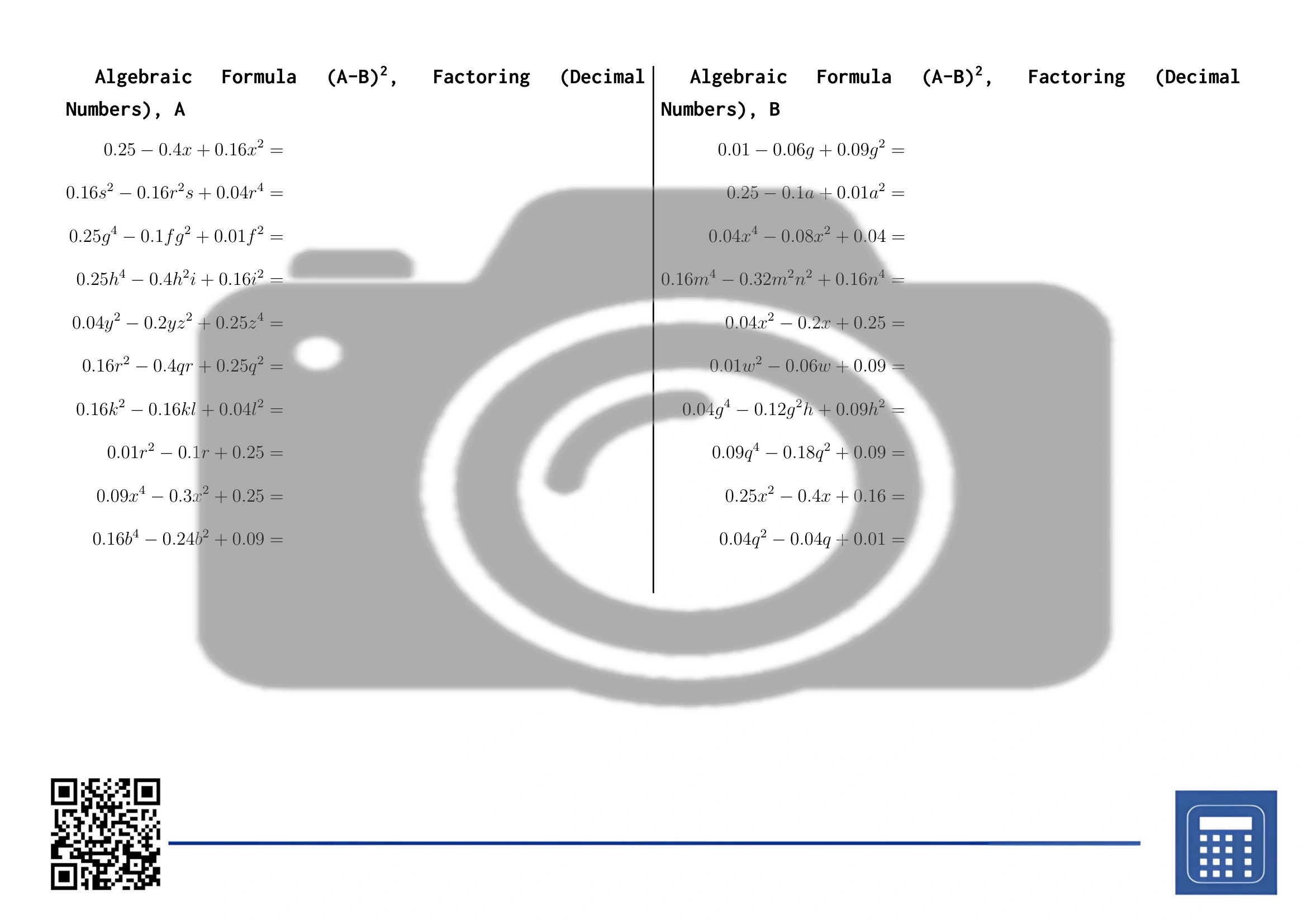 Worksheet: Algebraic Formula (A-B)², Factoring (Decimal Numbers) - Image 2