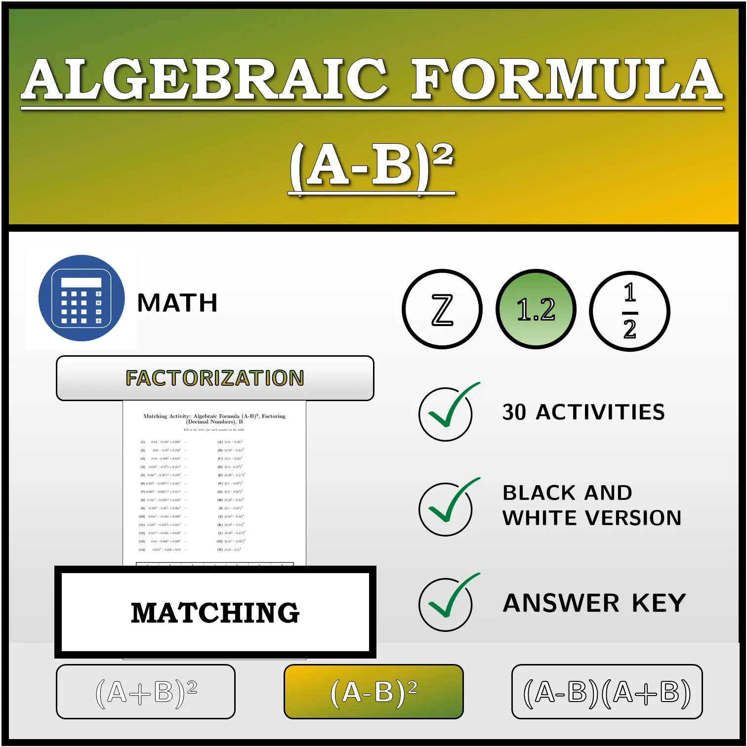 Matching activity: Algebraic Formula (A-B)², Factoring (Decimal Numbers)