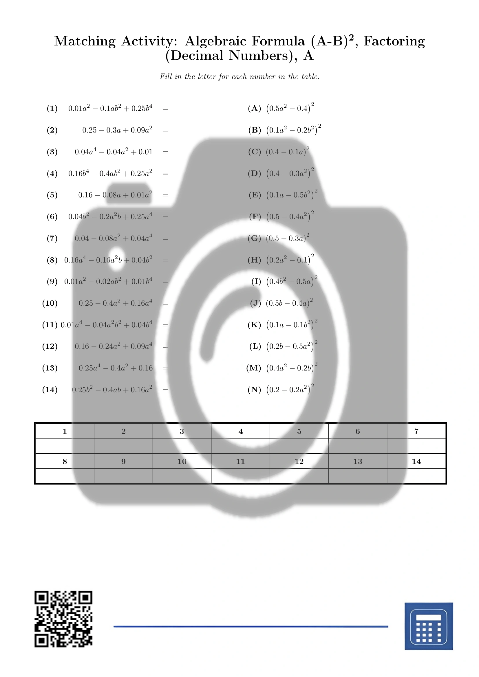 Matching activity: Algebraic Formula (A-B)², Factoring (Decimal Numbers) - Image 2