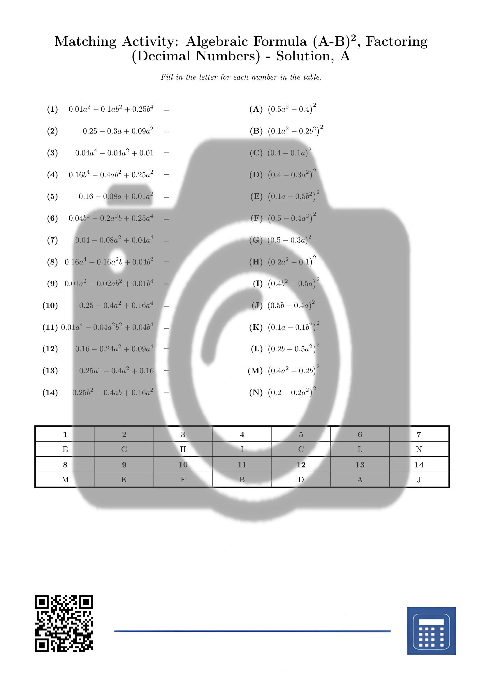 Matching activity: Algebraic Formula (A-B)², Factoring (Decimal Numbers) - Image 3