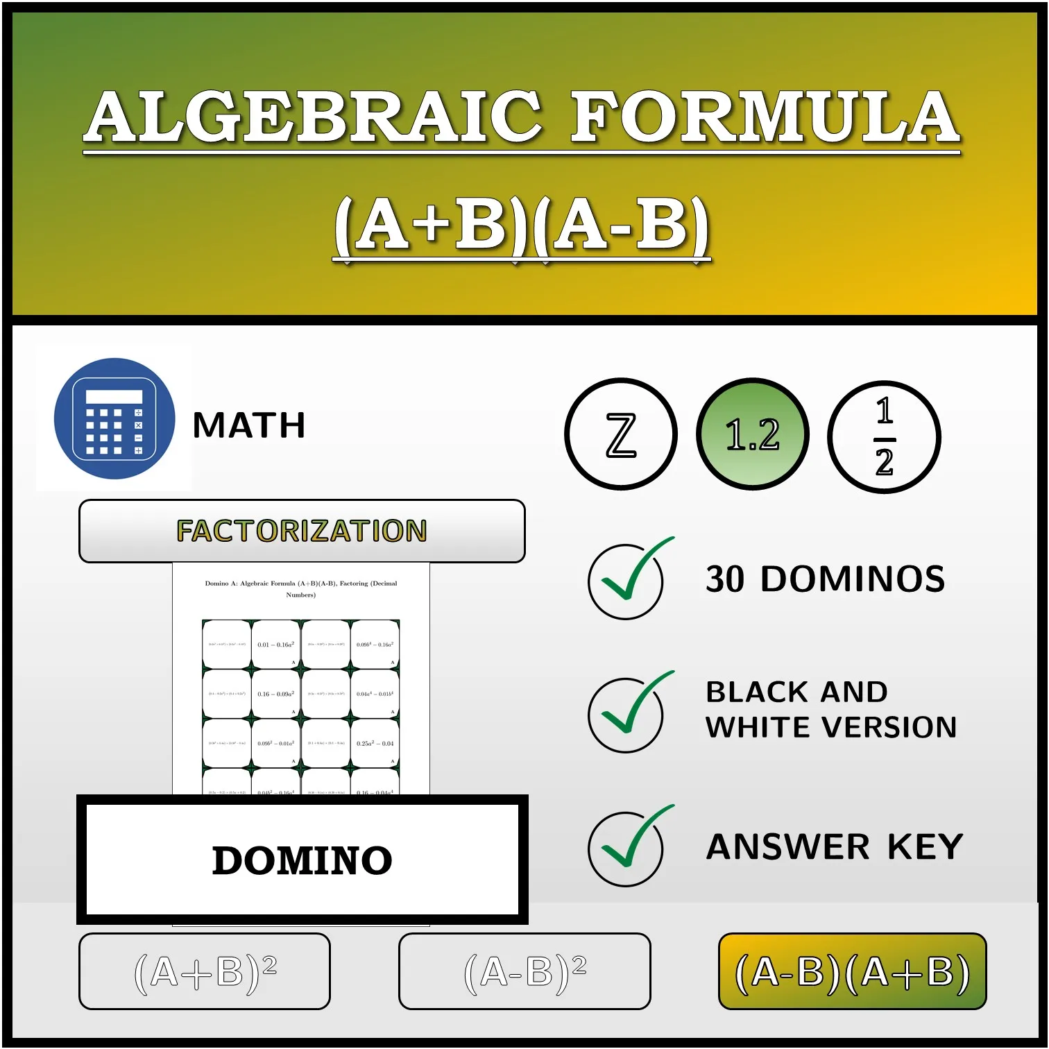 Domino: Algebraic Formula (A+B)(A-B), Factoring (Decimal Numbers)