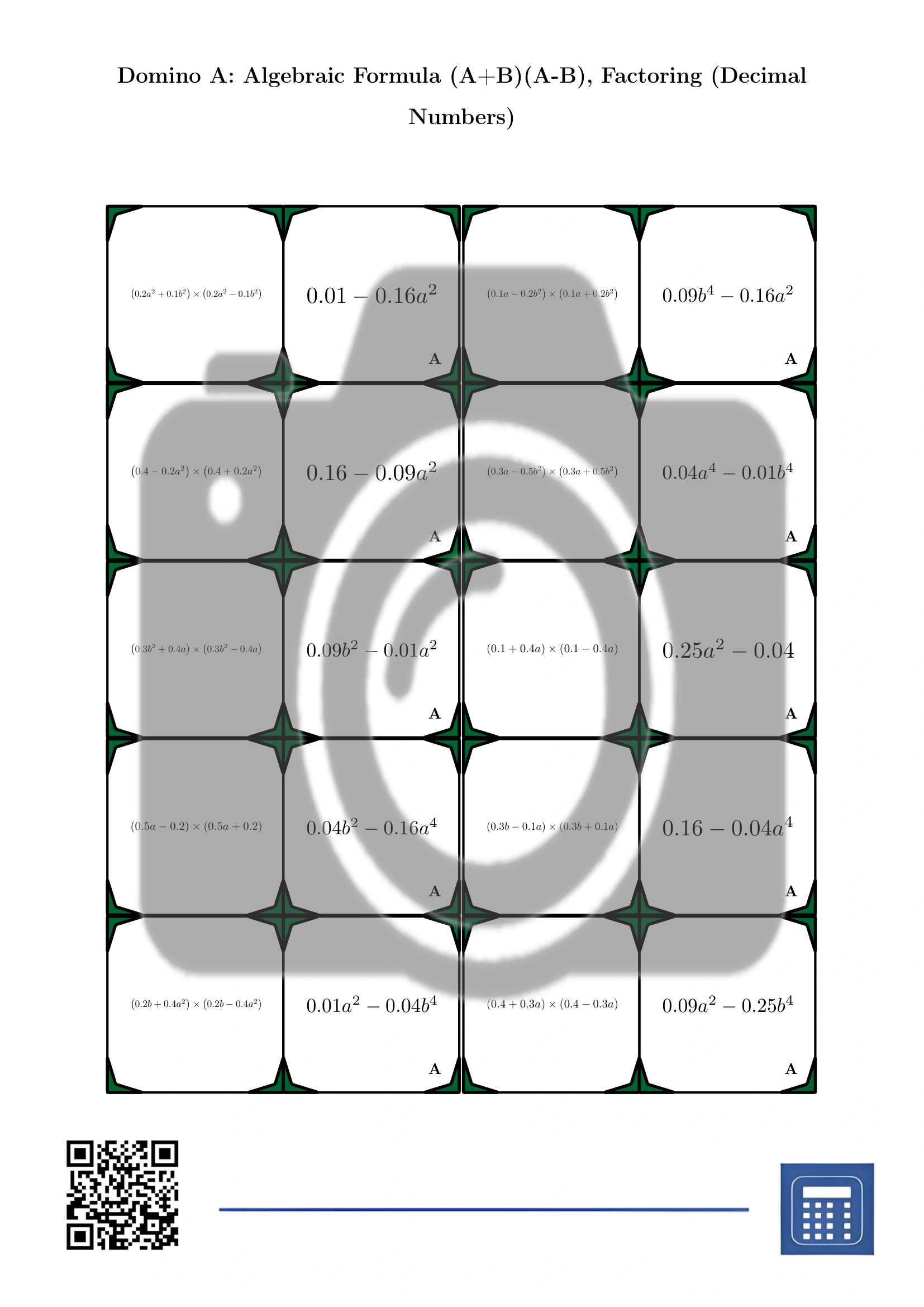 Domino: Algebraic Formula (A+B)(A-B), Factoring (Decimal Numbers) - Image 2