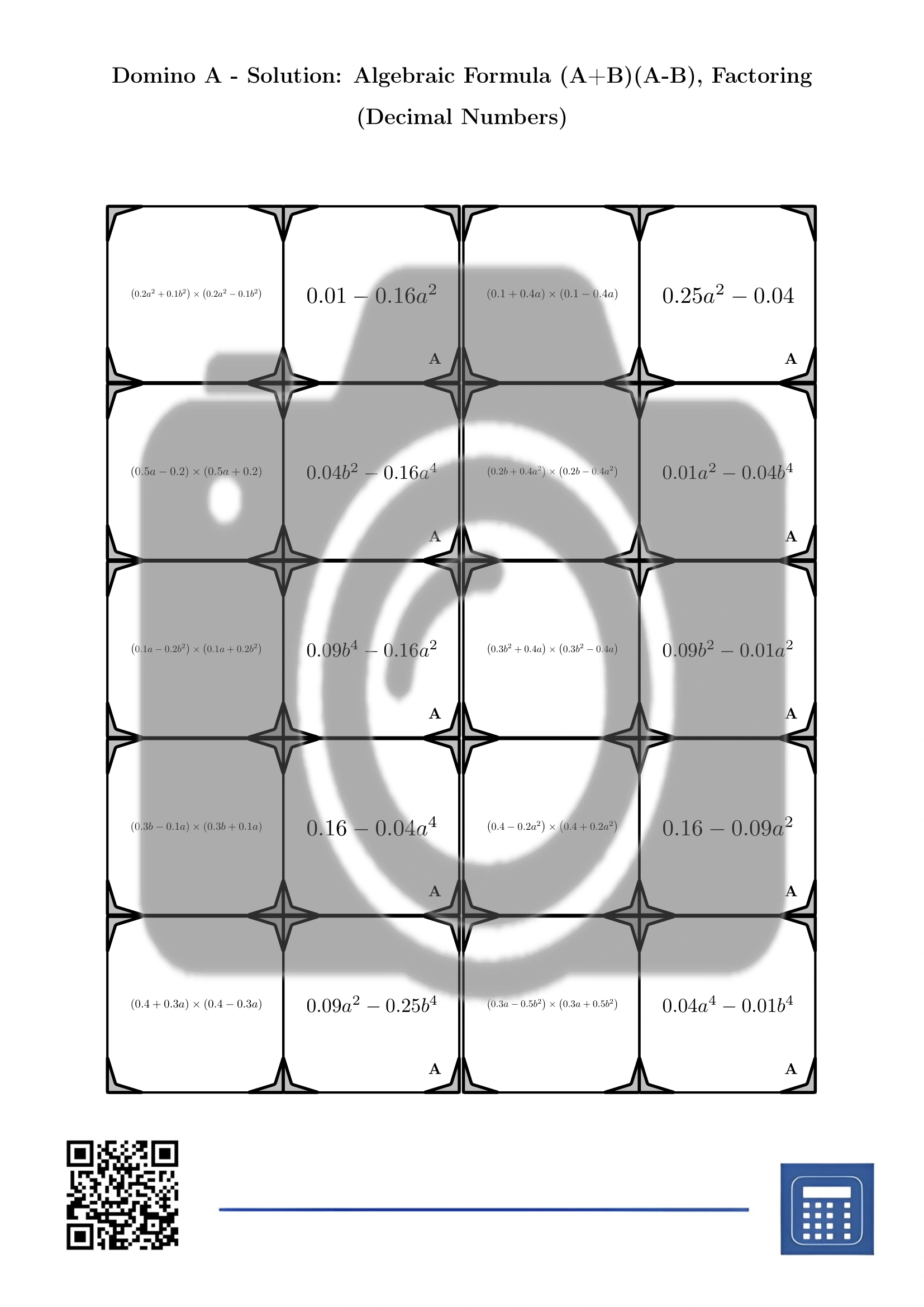 Domino: Algebraic Formula (A+B)(A-B), Factoring (Decimal Numbers) - Image 4