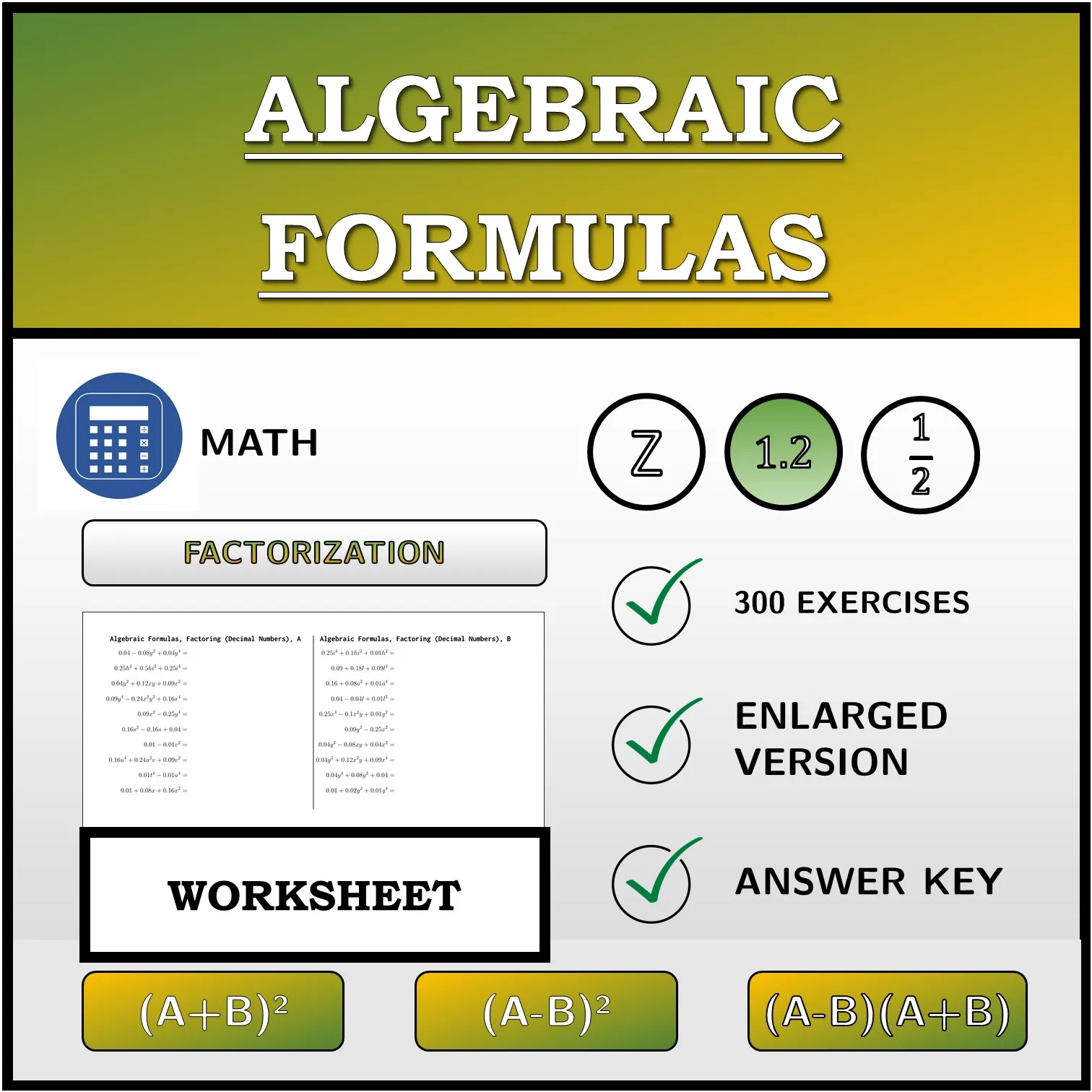 Worksheet: Algebraic Formulas, Factoring (Decimal Numbers)