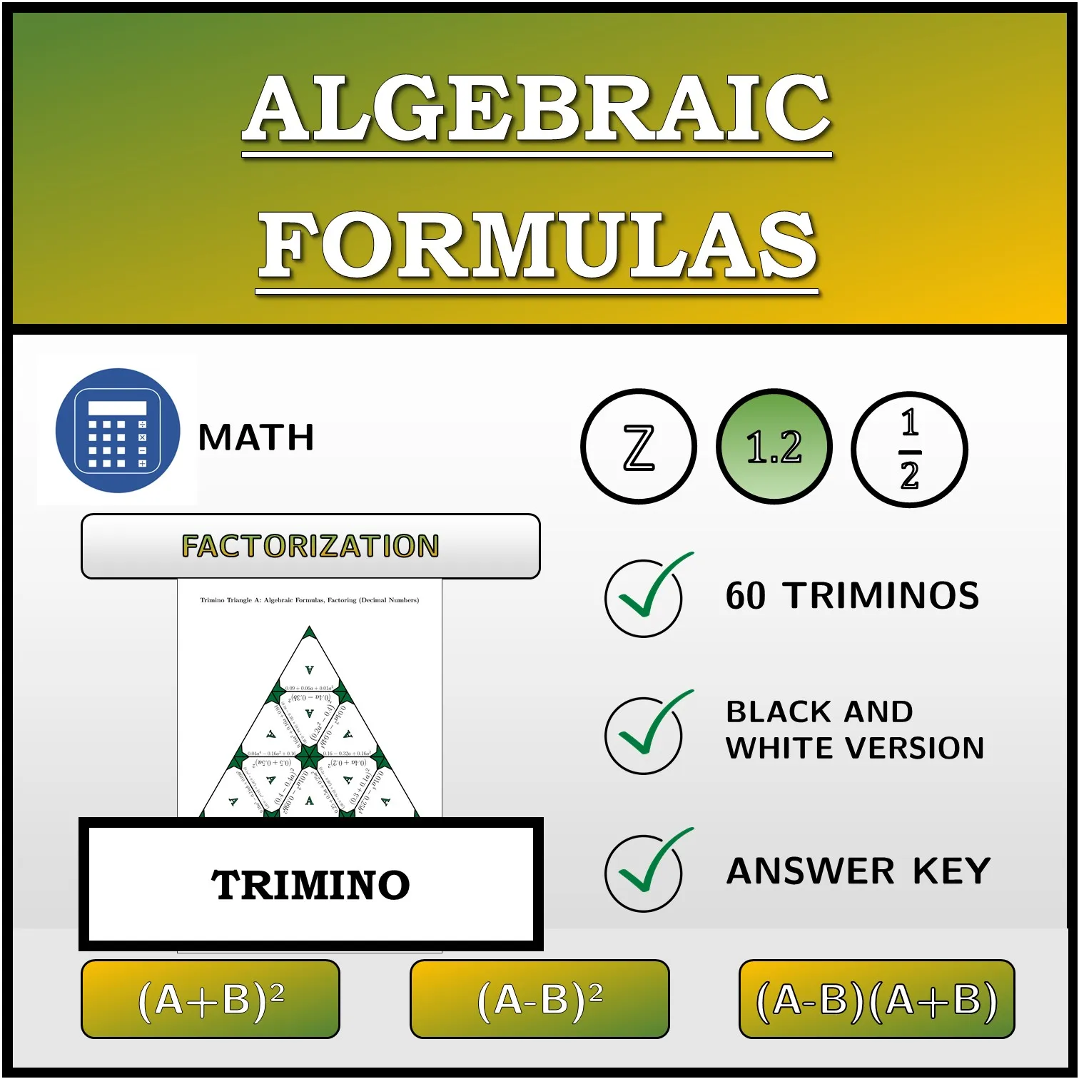 Trimino: Algebraic Formulas, Factoring (Decimal Numbers)