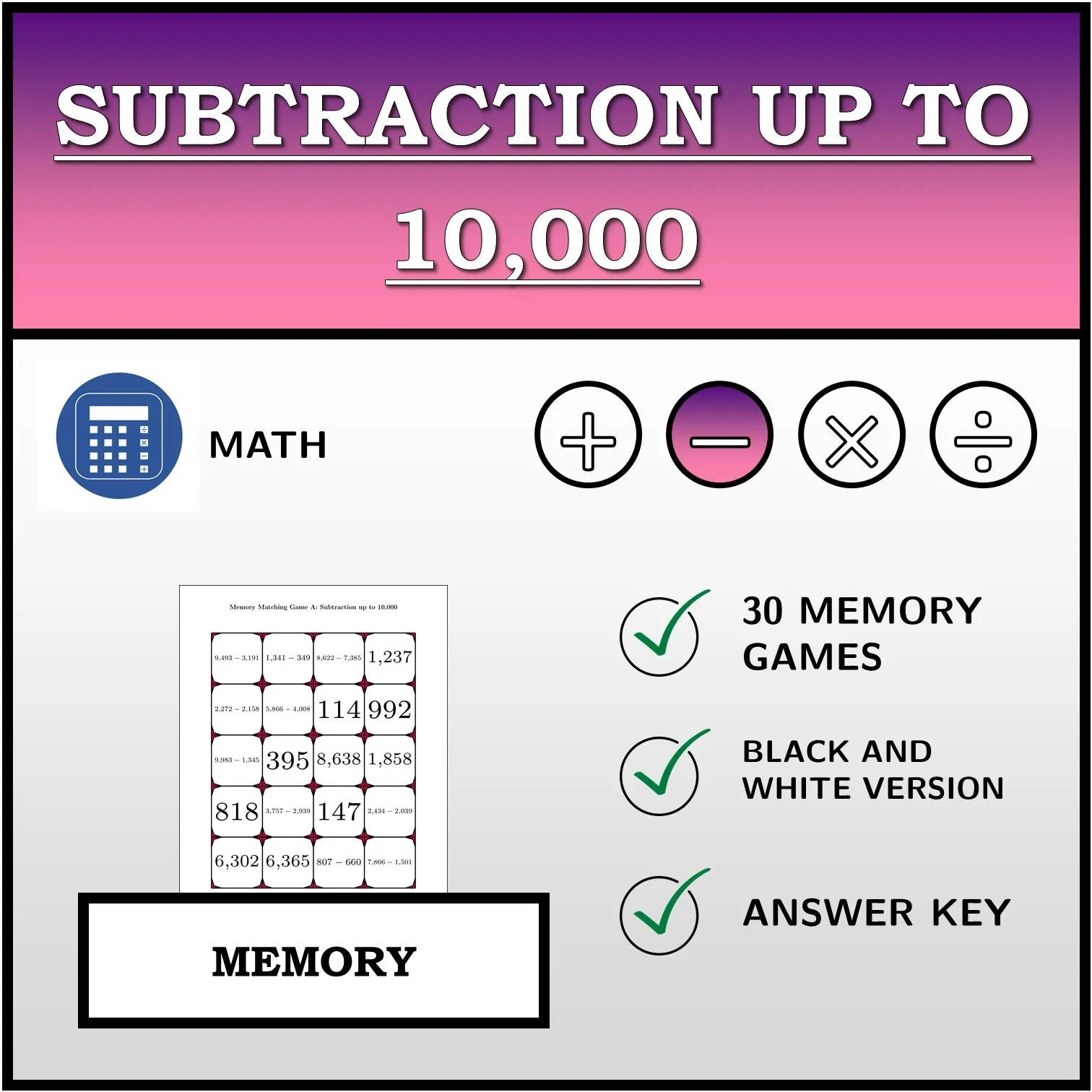 Memory matching game: Subtraction up to 10,000