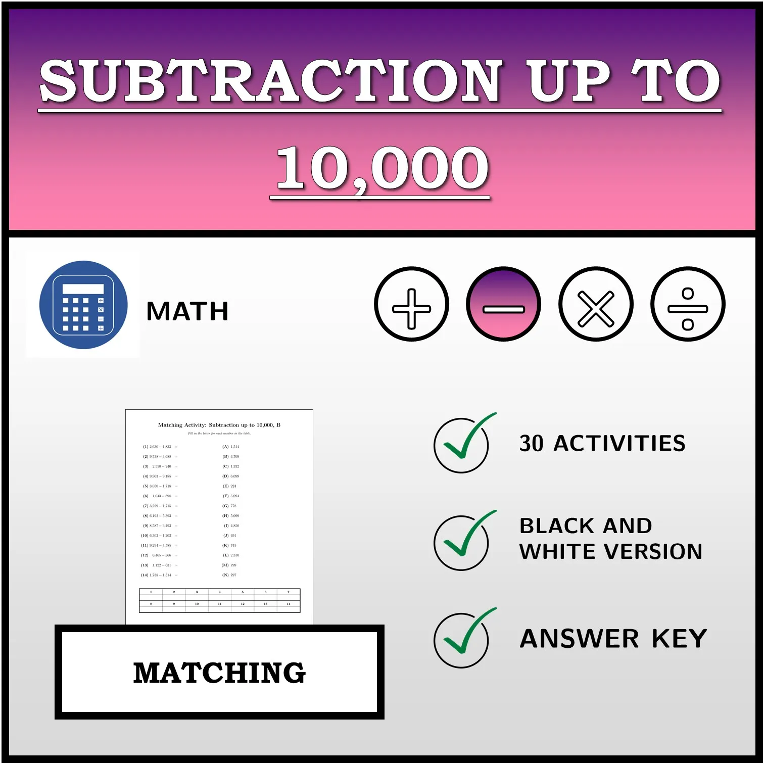 Matching activity: Subtraction up to 10,000