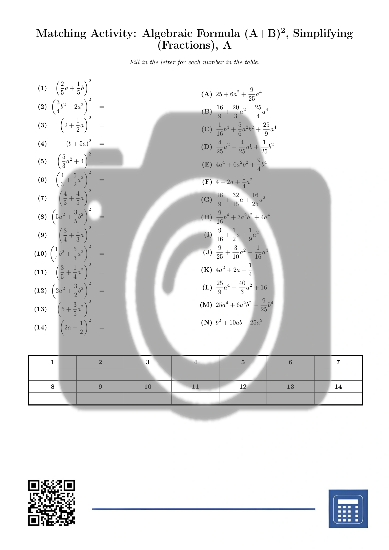 Matching activity: Algebraic Formula (A+B)², Simplifying (Fractions) - Image 2