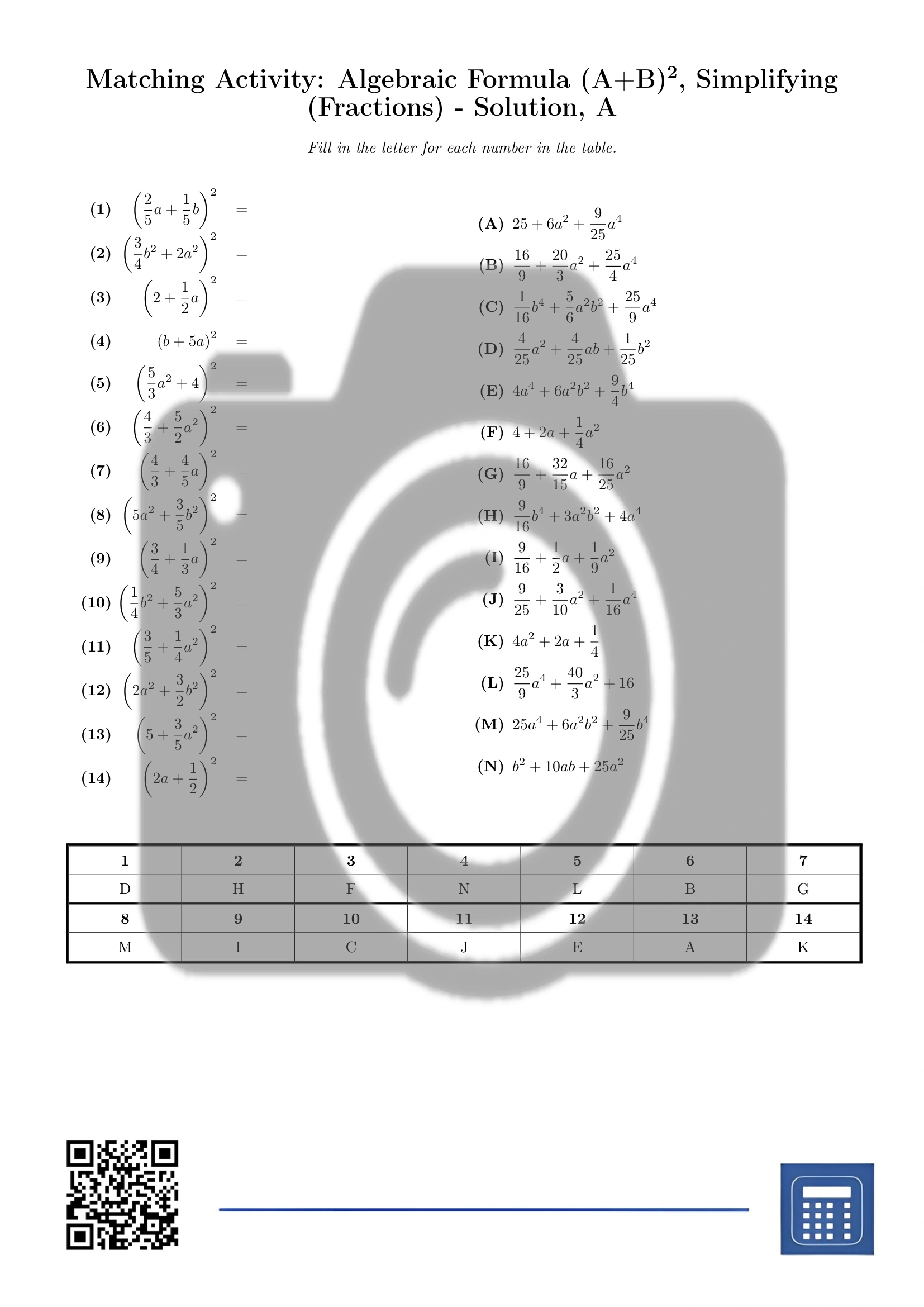 Matching activity: Algebraic Formula (A+B)², Simplifying (Fractions) - Image 3