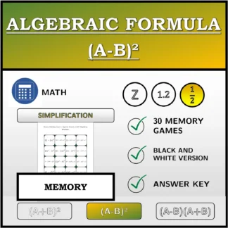 Memory matching game: Algebraic Formula (A-B)², Simplifying (Fractions)