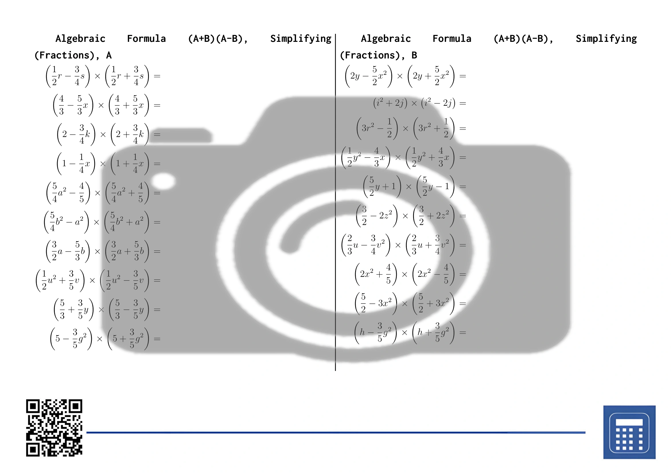 Worksheet: Algebraic Formula (A+B)(A-B), Simplifying (Fractions) - Image 2