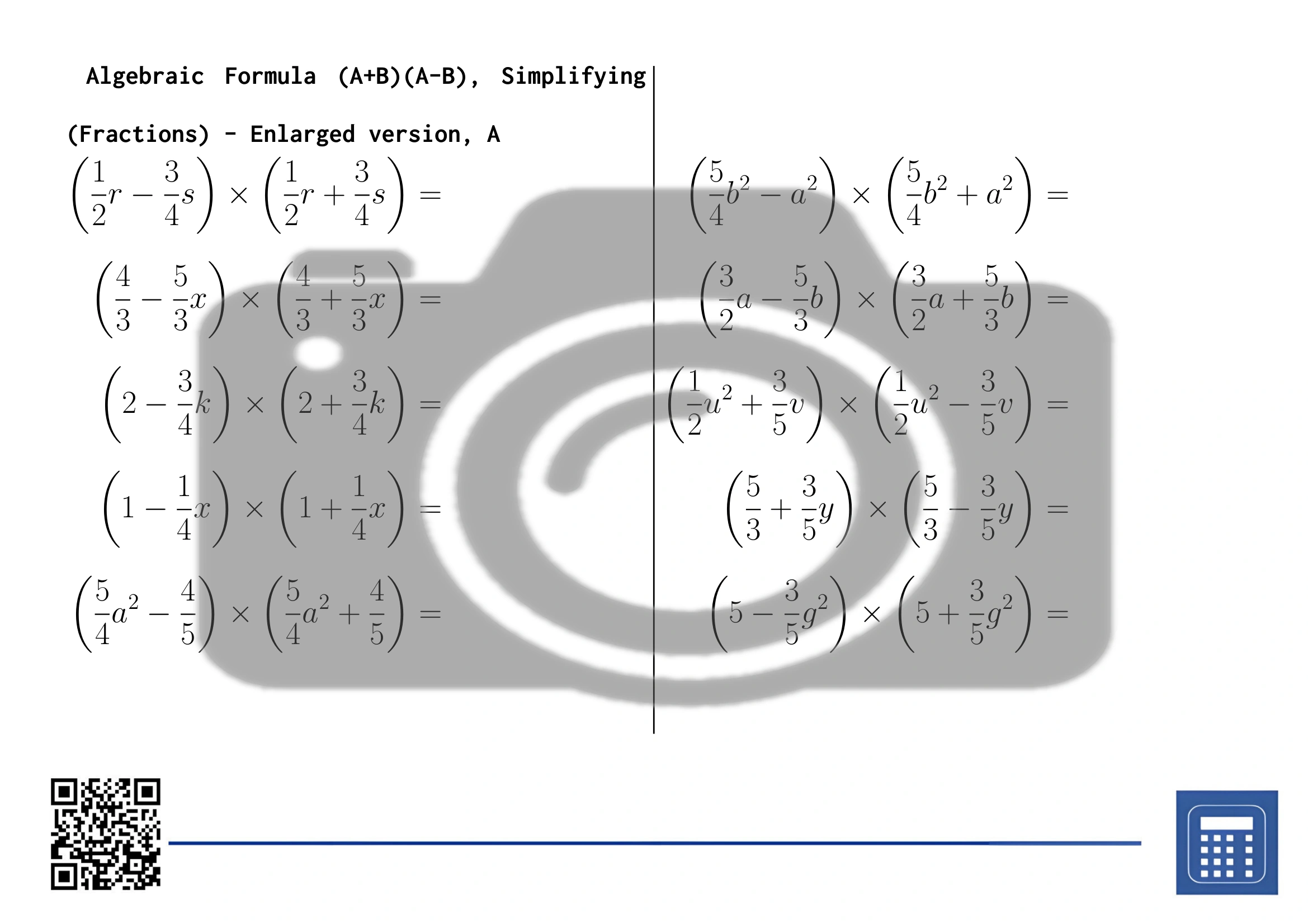 Worksheet: Algebraic Formula (A+B)(A-B), Simplifying (Fractions) - Image 3