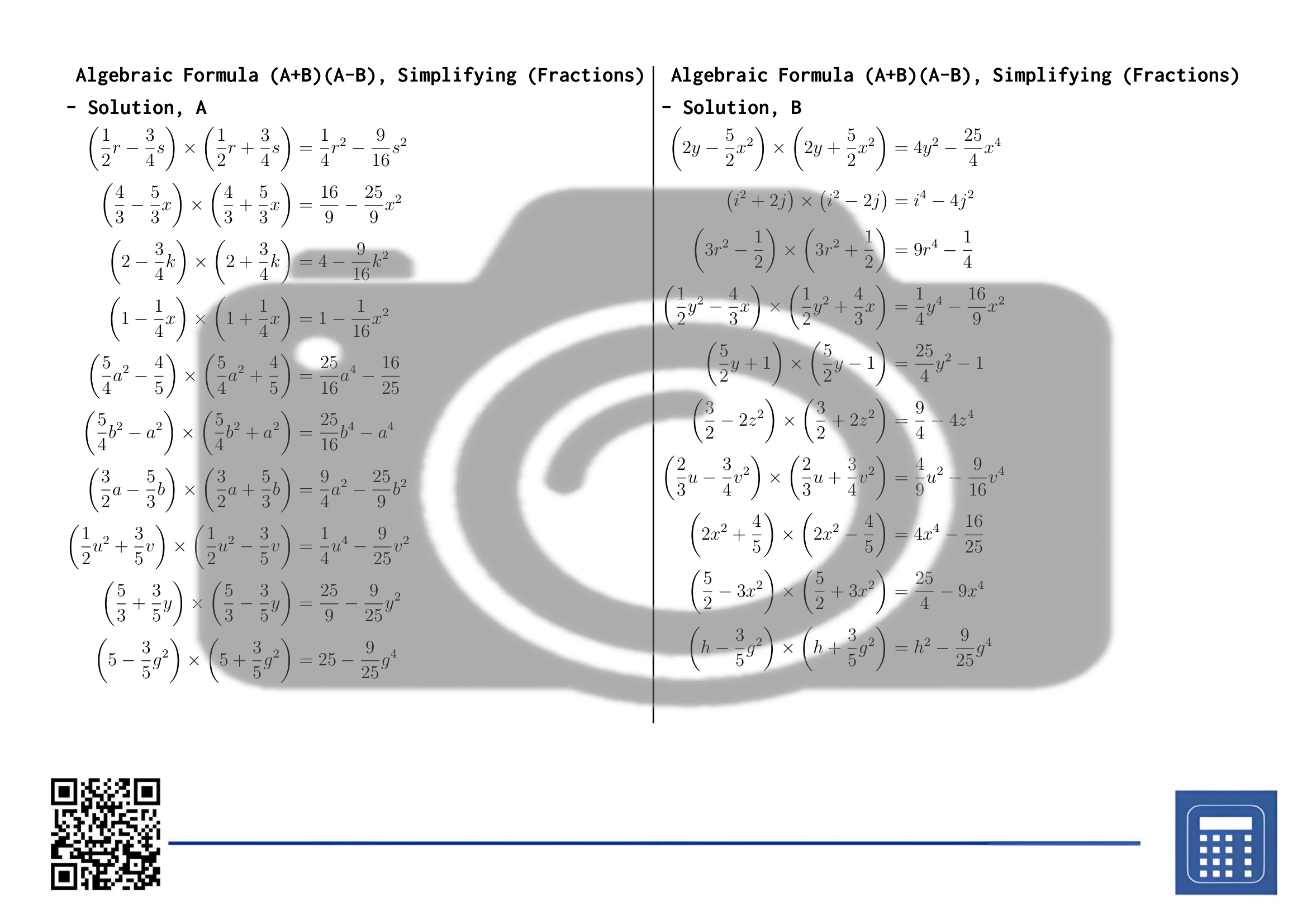 Worksheet: Algebraic Formula (A+B)(A-B), Simplifying (Fractions) - Image 4