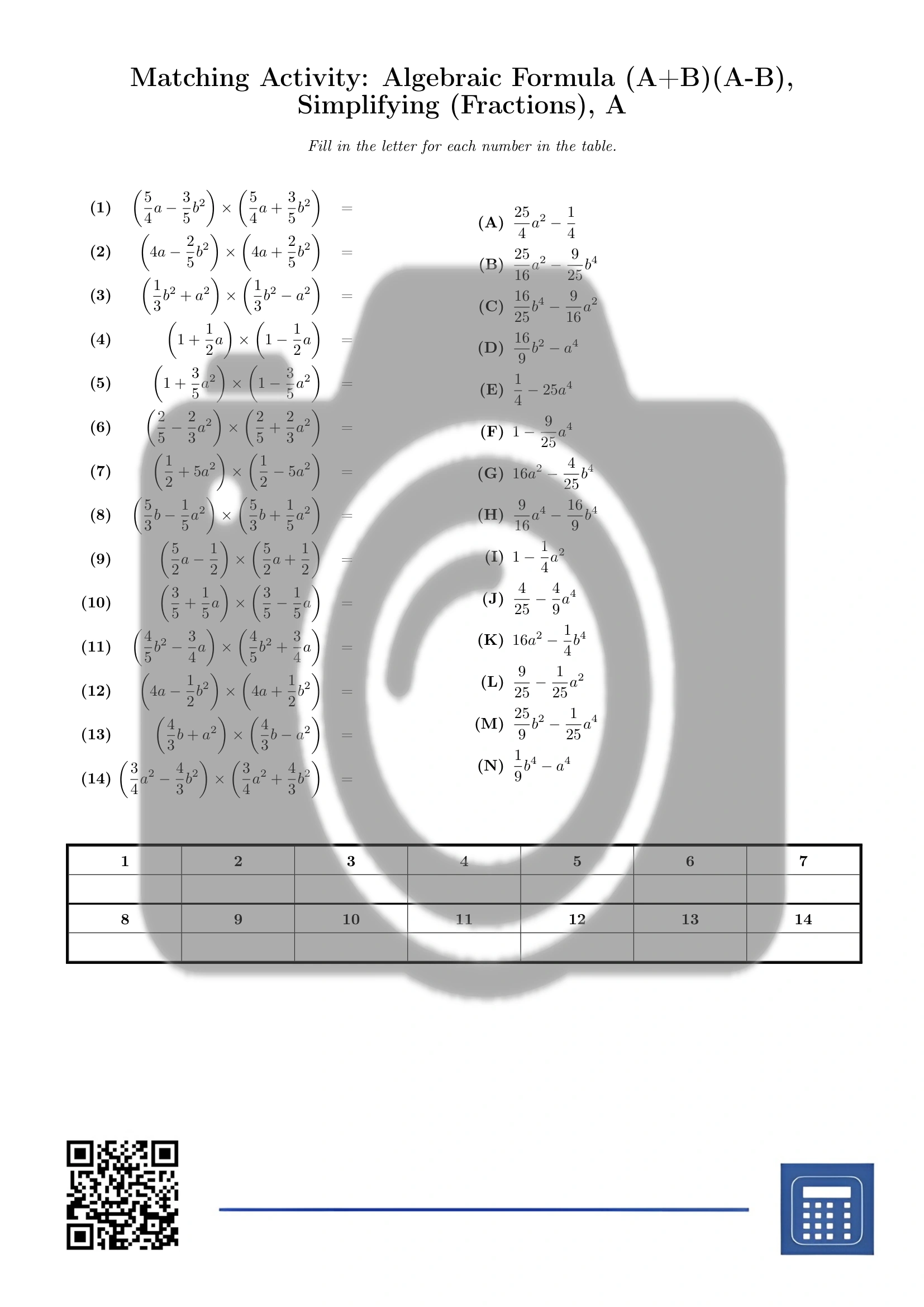 Matching activity: Algebraic Formula (A+B)(A-B), Simplifying (Fractions) - Image 2