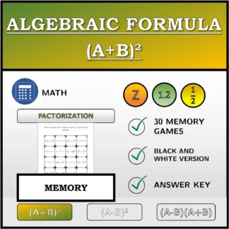 Memory matching game: Algebraic Formula (A+B)², Factoring (Fractions)
