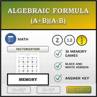 Memory matching game: Algebraic Formula (A+B)(A-B), Factoring (Fractions)